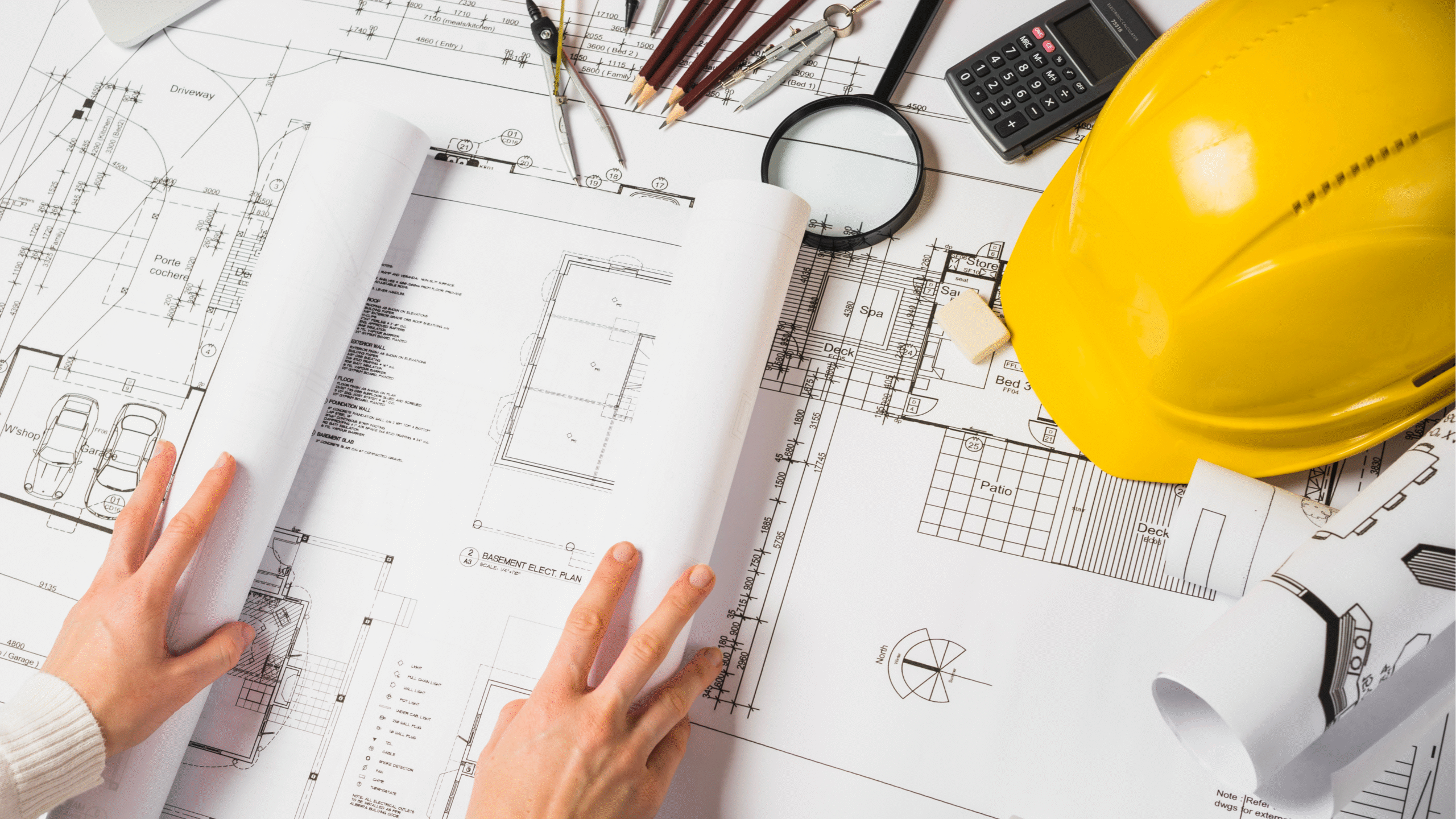 Plantas de arquitetura sobre uma mesa, simbolizando o Salário do Arquiteto em Ponta Grossa e a aplicação da Lei 4.950-A/66.