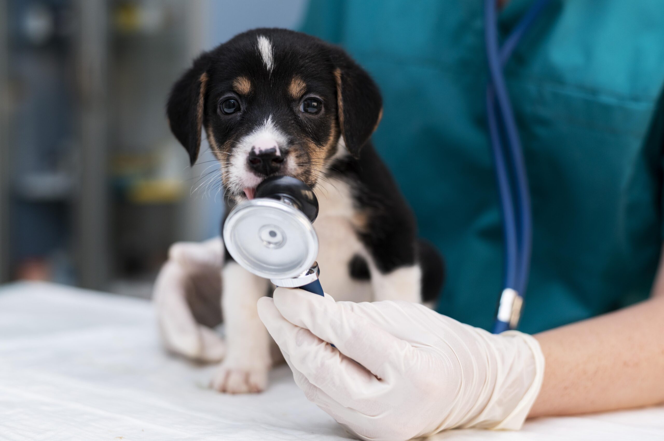 Veterinário com estetoscópio examinando um filhote, imagem sobre o Piso Salarial do Veterinário no Paraná e a Lei 4.950-A/66.
